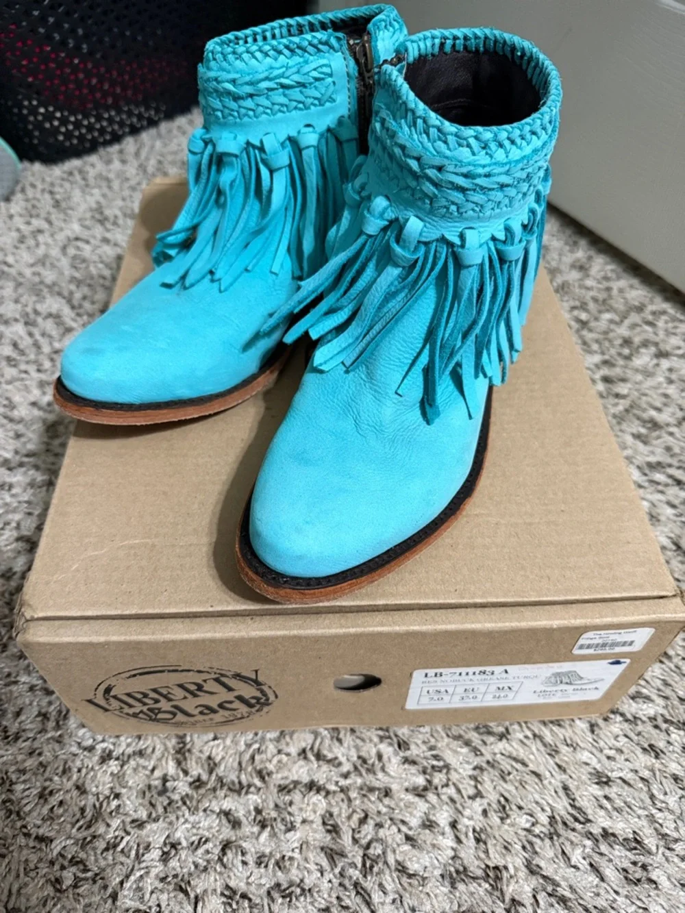 LIBERTY Black Turquoise Suede Fringe Ankle Boots - Picture 1 of 1